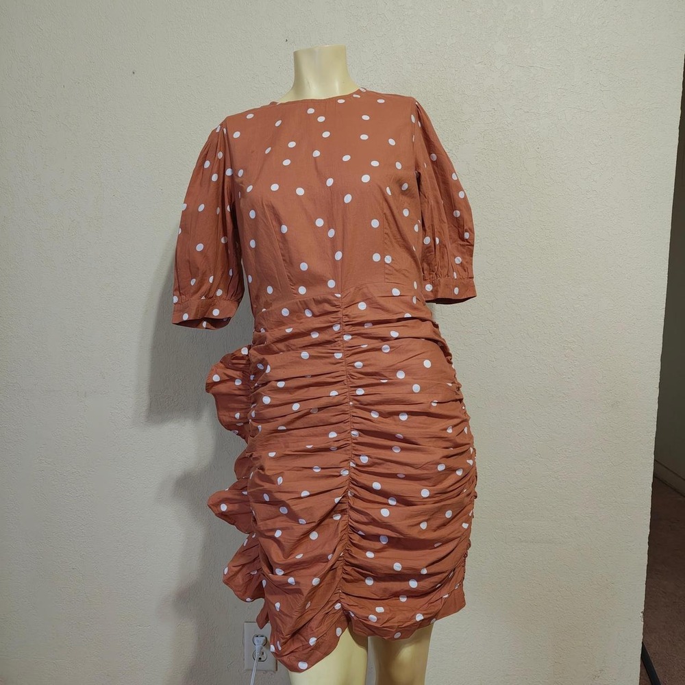 Influence Orange Polka Dot Ruched Ruffle Puff Sleeve Mini Dress IDRM7099 Size 10